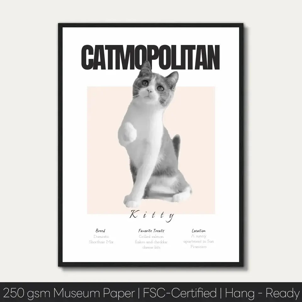 Catmopolitan personalized cat portrait featuring a playful kitty, printed on 250 gsm museum paper, hang-ready for elegant home decor.