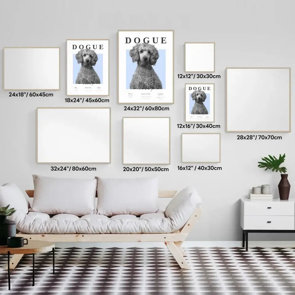 Gallery wall with framed 'Dogue' personalized dog portraits in various sizes above a modern sofa, featuring monochrome dog art.