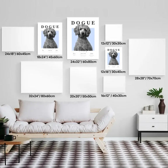 "Dogue Personalized Dog Portraits in various sizes on wall, stylish monochrome dog art for sophisticated home decor"