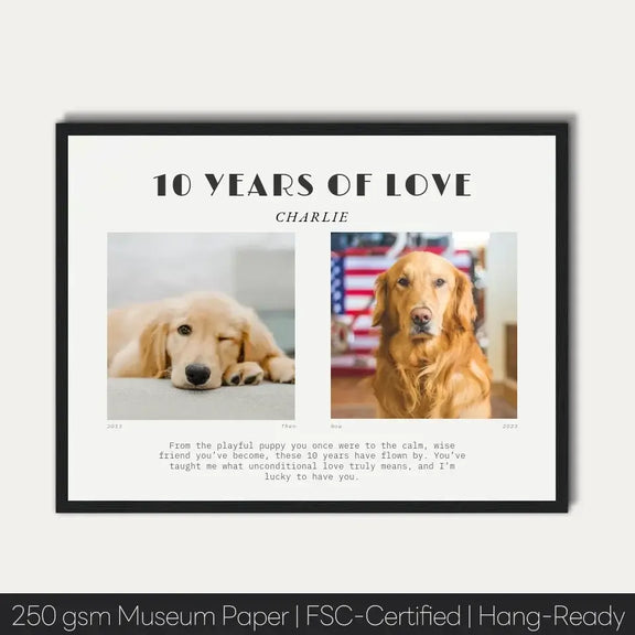 Personalized pet 10th birthday gift frame with photos of a golden retriever named Charlie, celebrating a decade of love and joy.