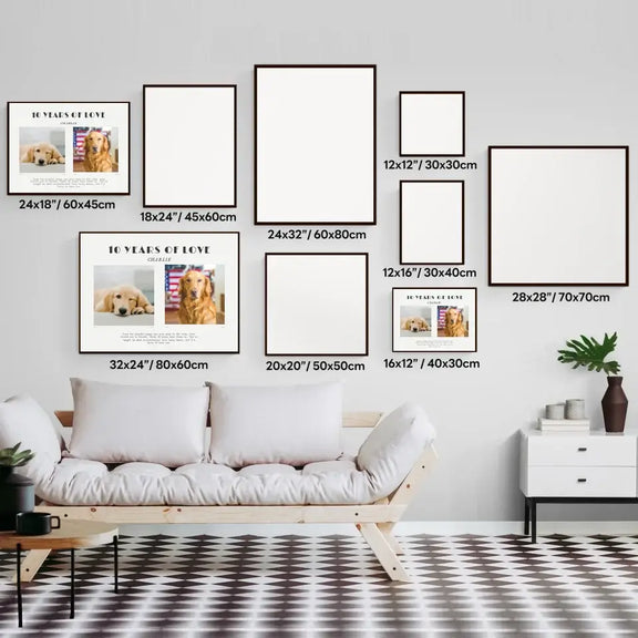 Wall display with various sizes of personalized pet birthday gift frames for 10th celebration, showcasing pet photos and memories.