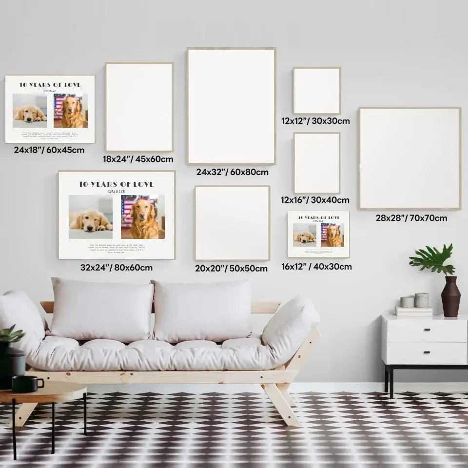 Personalized pet 10th birthday gift frames displayed in various sizes on a wall above a modern white sofa.