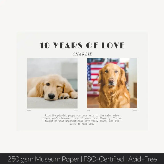 Personalized pet 10th birthday gift featuring a dog named Charlie, with images of puppy and adult stages, on museum-quality paper.