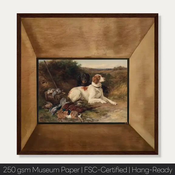 Art print of a hunting dog with game pheasants, framed on museum paper, perfect for nature lovers and home decor.