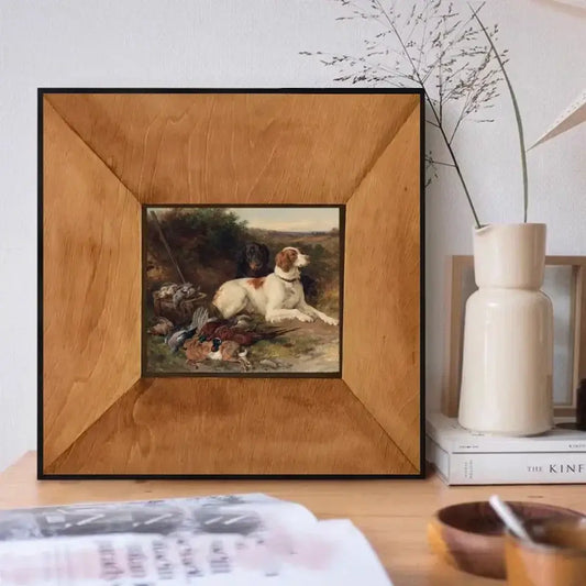 Dog and game pheasant art print in wooden frame, nature-inspired home decor with vibrant colors and detailed design.