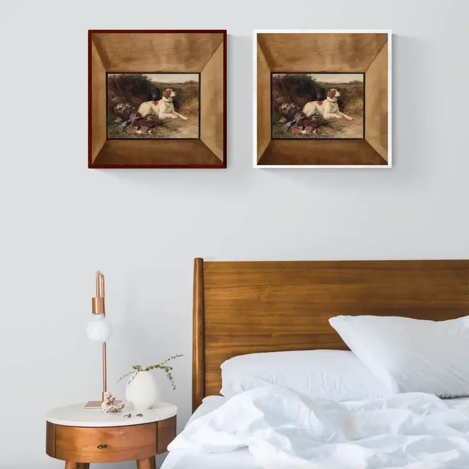 Dog and pheasant art prints on wall above bed, showcasing nature-inspired home decor.