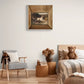 Bedroom with framed Dog and Pheasant Art Print hanging on the wall, rustic decor elements, and cozy seating area.