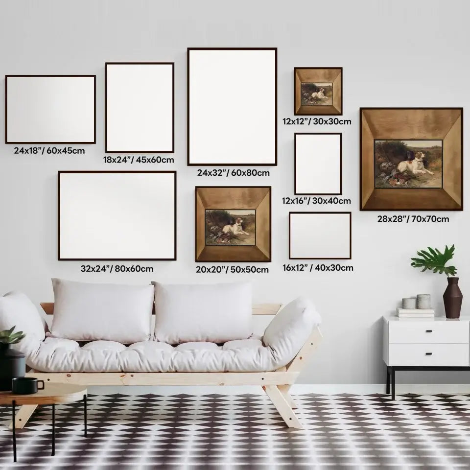 Various frame sizes with Dog and Game Pheasant Art Print displayed on a wall above a white sofa.