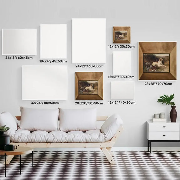 Gallery wall display with various sizes of framed dog and pheasant art prints, perfect for home decor and nature enthusiasts.