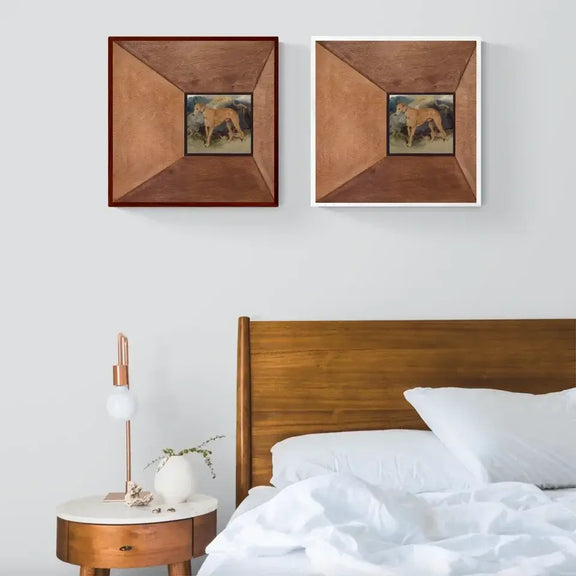 Deerhound oil painting art print in wooden frames above a modern bed, adding a touch of sophistication to the room decor.