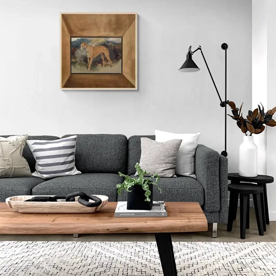 Deerhound oil painting in stylish living room with modern decor and gray sofa.