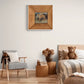 Deerhound oil painting art print in wooden frame hanging in a cozy bedroom with modern decor and plush teddy bears.