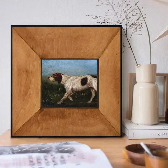 Vintage dog portrait "La Gousse" wall art, framed and displayed in a stylish room setting, inspired by 1880 painting by Toulouse-Lautrec.