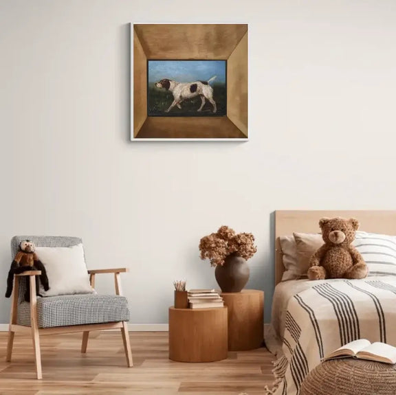 Vintage dog portrait wall art "La Gousse" by Toulouse-Lautrec in elegant frame, displayed in stylish home interior with toys.