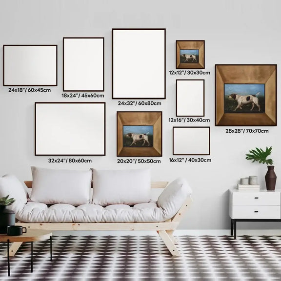 Gallery wall layout showcasing various frame sizes with vintage dog portraits, enhancing modern decor with timeless art.