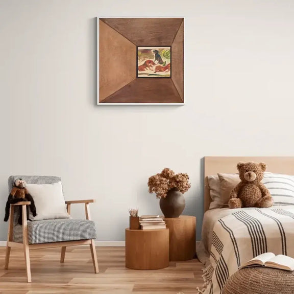 Framed print of three dogs in a landscape by Arnold Peter Weisz-Kubincan hanging on a wall above a cozy bedroom setup.