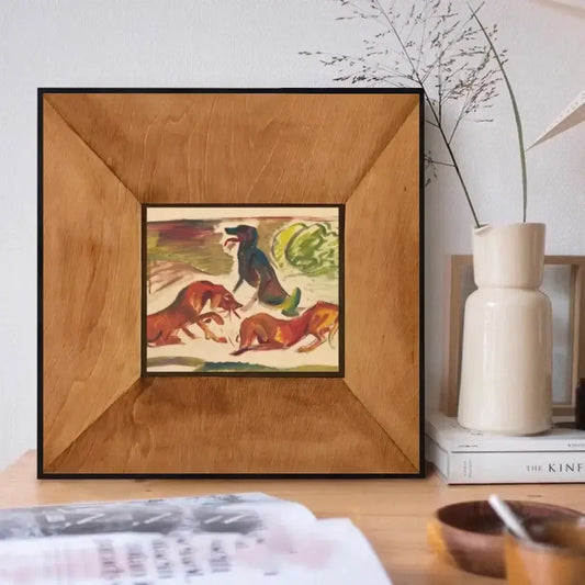 Framed print of vibrant brushstroke dogs in motion by Arnold Peter Weisz-Kubincan, with bold green and white abstract foliage.