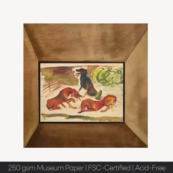 Framed print of abstract dogs in motion by Arnold Peter Weisz-Kubincan, featuring vibrant brushstrokes on museum-quality paper.