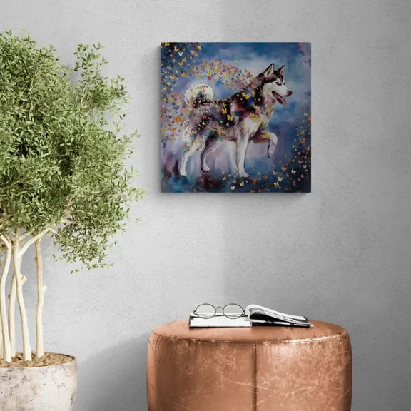 "Personalized dog watercolor painting featuring a husky and butterflies, part of the Wings of Life series, displayed in a modern living space."