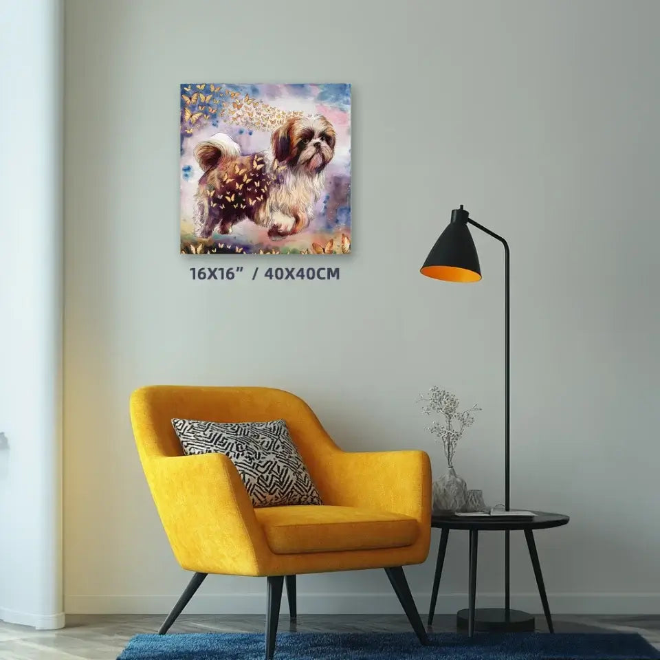 Personalized dog watercolor painting with butterflies, 16x16 inches, displayed in modern living room with yellow armchair and lamp.