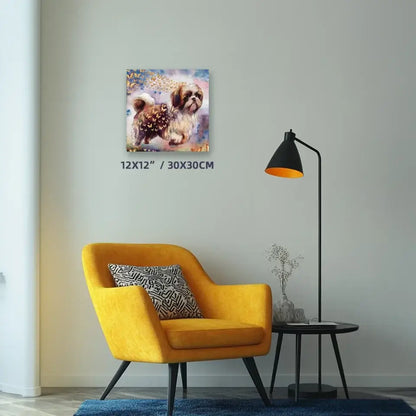 Personalized dog watercolor painting on wall with vibrant chair featuring Meraki Pet's Wings of Life series.