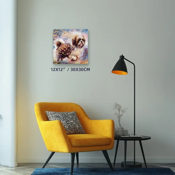 Personalized dog watercolor painting on wall with vibrant chair featuring Meraki Pet's Wings of Life series.