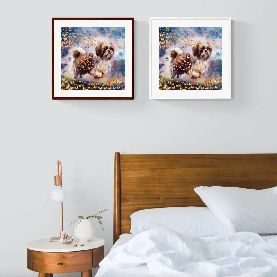 Personalized dog watercolor paintings displayed above a wooden bed, featuring a Shih Tzu with butterfly accents in vibrant colors.