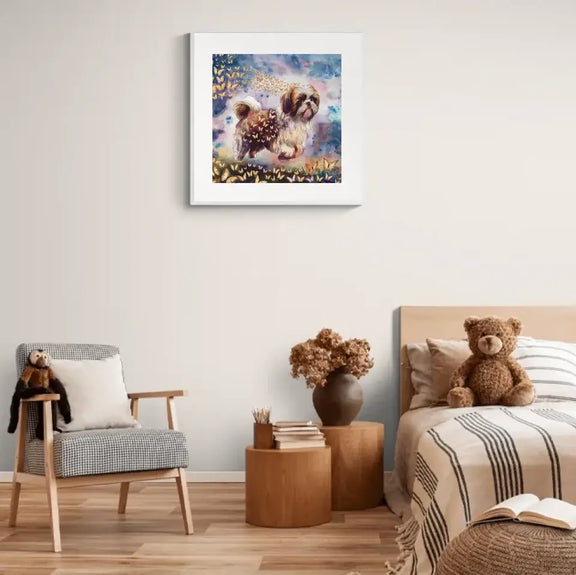 Personalized dog watercolor painting with butterflies on bedroom wall.