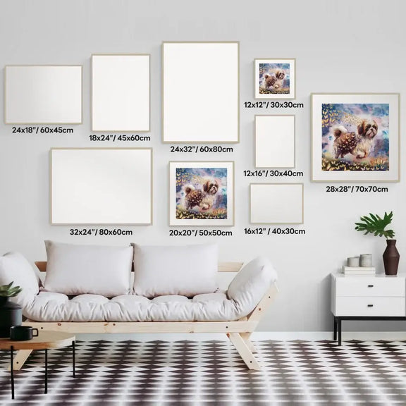 Gallery display of various canvas sizes featuring personalized dog watercolor paintings by Meraki Pet in a modern living room setting.