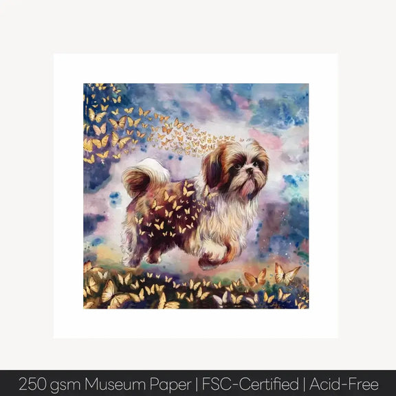 Personalized dog watercolor painting with butterflies, capturing the essence of a Shih Tzu in vibrant colors on museum paper.