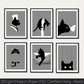 Black cat striped wall art set on museum paper, featuring playful designs and elegant stripes, perfect for cat lovers. Hang-ready prints.