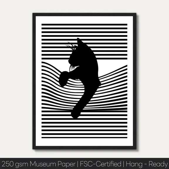 Black cat silhouette on striped background, modern wall art on 250 gsm museum paper, perfect for cat lovers' home decor.