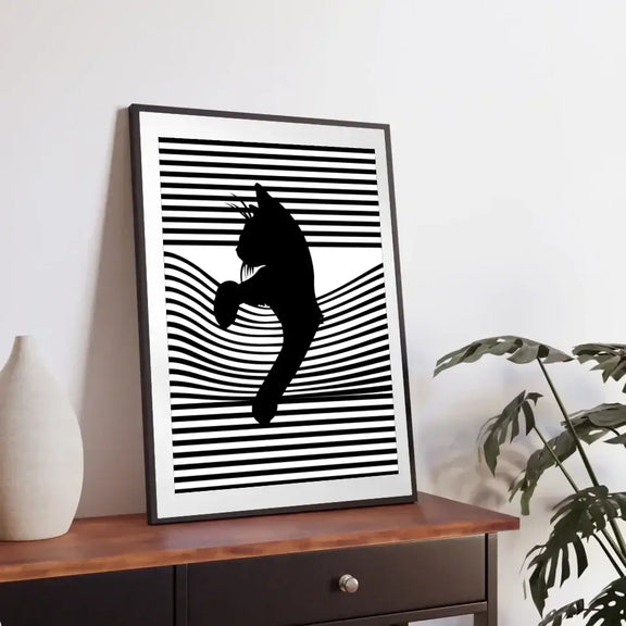 Black Cat Striped Wall Art on canvas, featuring a cat silhouette on elegant stripes, perfect for cat lovers and interior design enthusiasts.