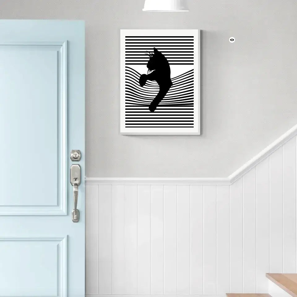 Black cat wall art with stripes on high-quality canvas, hanging in a modern interior space near a light blue door.