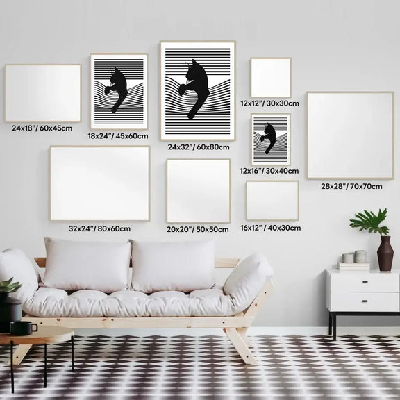 Black Cat Striped Wall Art Set displayed in various sizes on a contemporary living room wall.