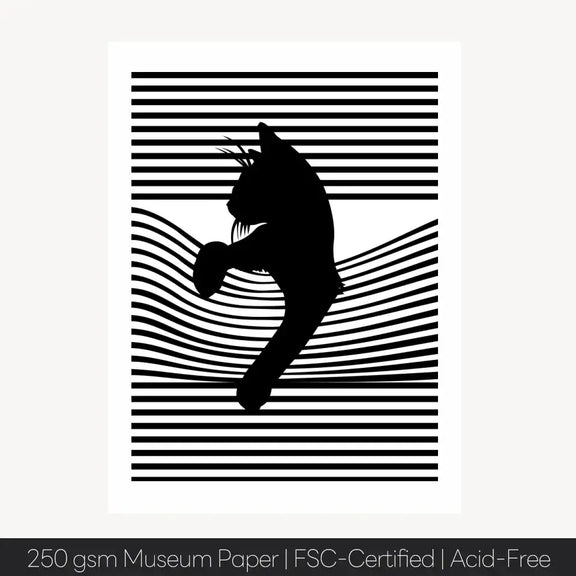 Black Cat Silhouette on Striped Background Wall Art Print on Museum Paper, Perfect for Cat Lovers and Interior Design Fans