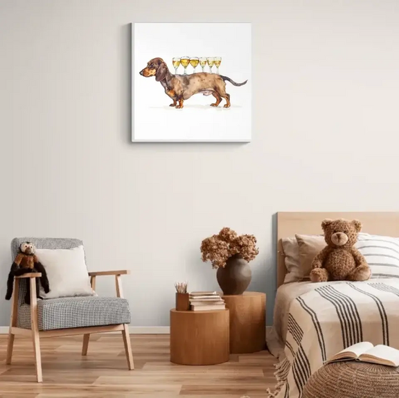 "Charming dachshund art print with wine glasses in cozy bedroom setting"