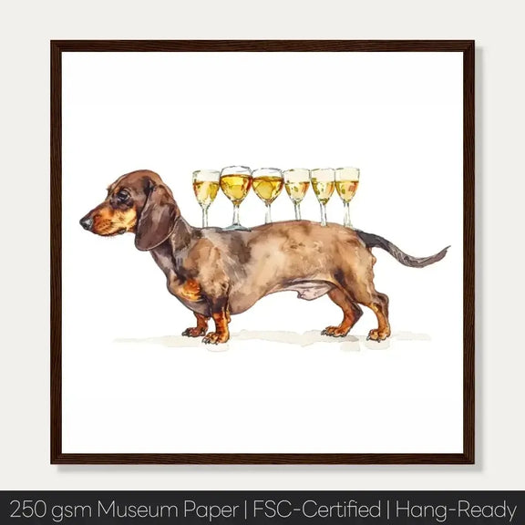 Charming dachshund art print with wine glasses, perfect for dog lovers and whimsical home decor.