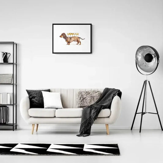 Modern living room with a framed "Cheers with a Charming Dachshund" art print above a cozy white sofa, featuring eclectic decor elements.