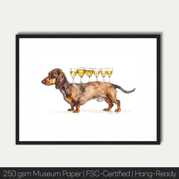 Charming dachshund art print with wine glasses, whimsical decor for dog lovers. Archival quality, perfect for living room or kitchen.