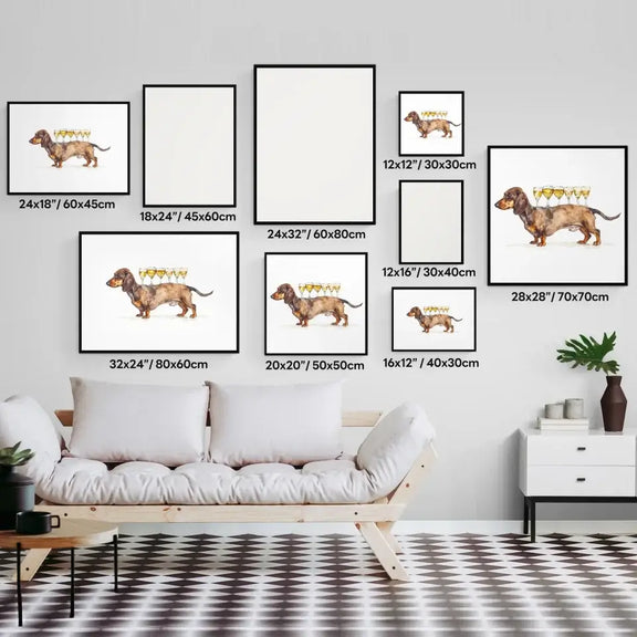 Wall display of multiple framed "Cheers with a Charming Dachshund" art prints in various sizes above a modern sofa.