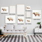 Charming Dachshund art prints in various sizes displayed on a living room wall, showcasing whimsical dog-themed decor.