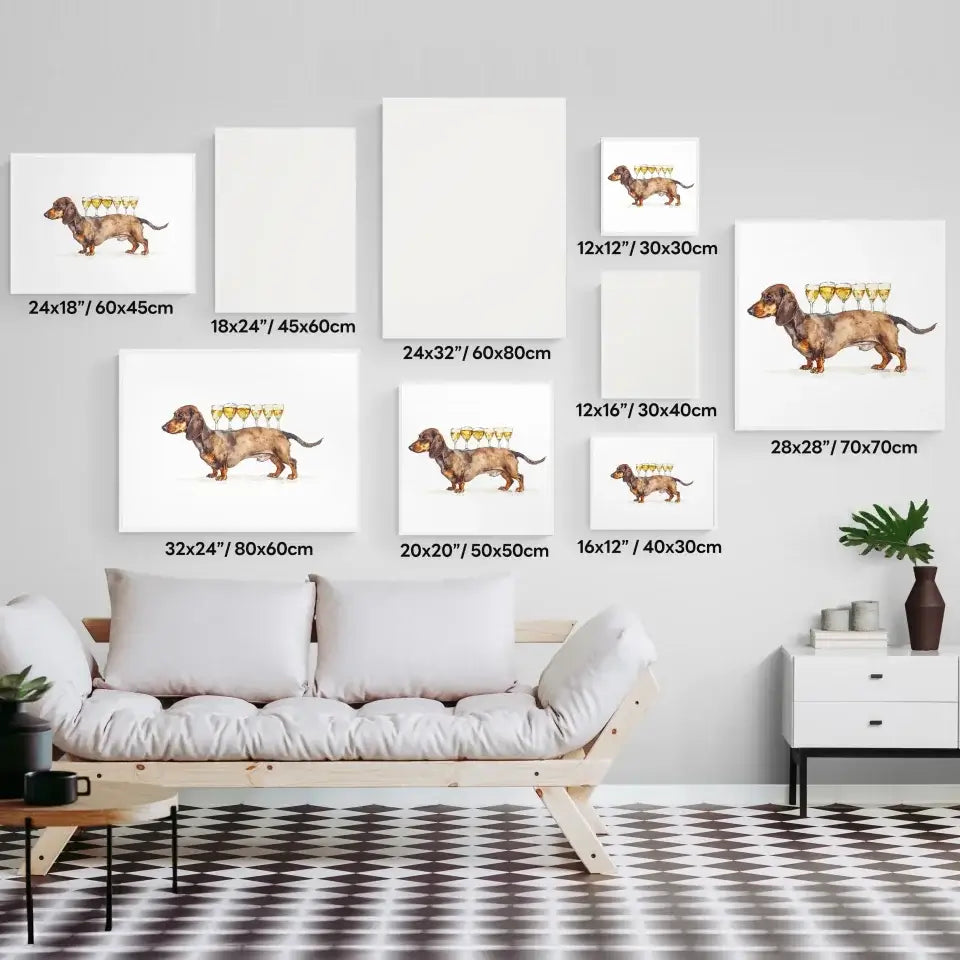 Various sizes of dachshund art prints displayed above a couch, perfect for decorating living rooms and homes with charming decor.