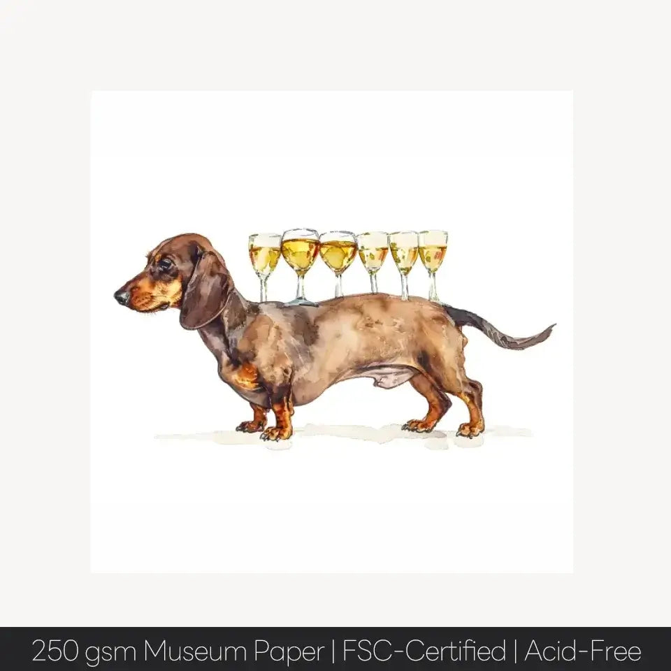 Charming dachshund art print with wine glasses, perfect for adding whimsy to decor. Printed on acid-free 250 gsm museum paper.