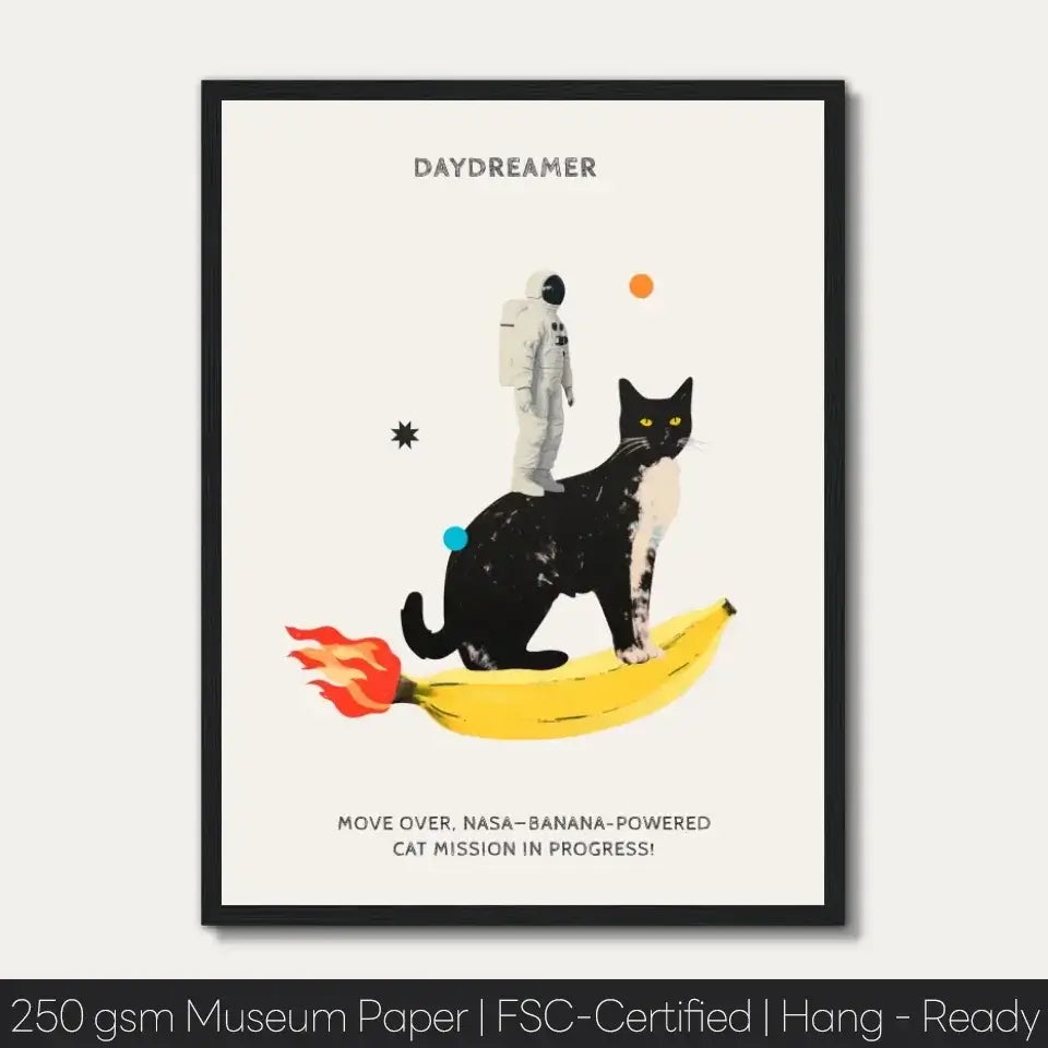 Astronaut and cat on banana rocket art print, playful space adventure, humor-themed decor for cat and space enthusiasts