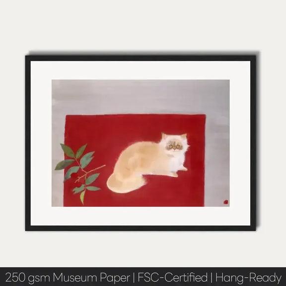 Japanese cat painting "Leisure Day" by Togyu Okumura on a red background, printed on 250 gsm museum paper, FSC-certified.