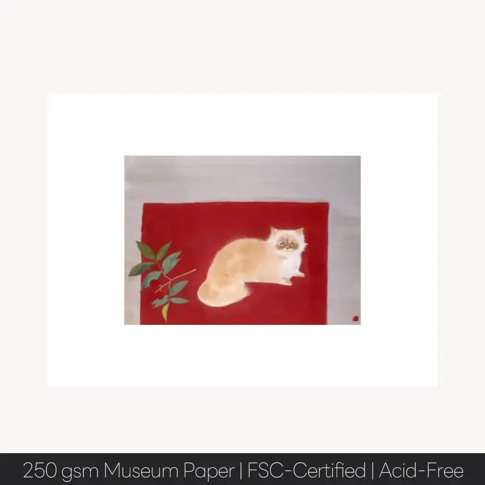 Japanese cat painting by Togyu Okumura on museum paper, featuring a serene feline on a red background with a modern nihonga style.