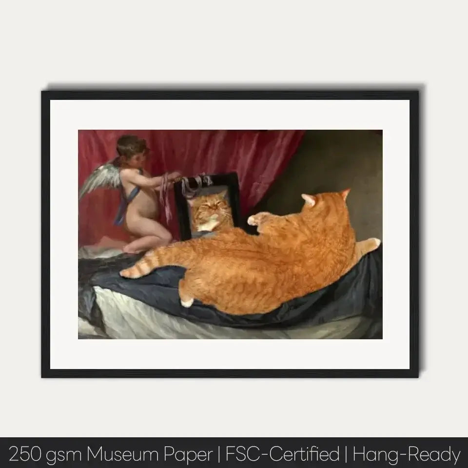 Amusing "Venus in Furs" fine art print featuring playful feline with a classical touch, perfect wall art for cat and art lovers.