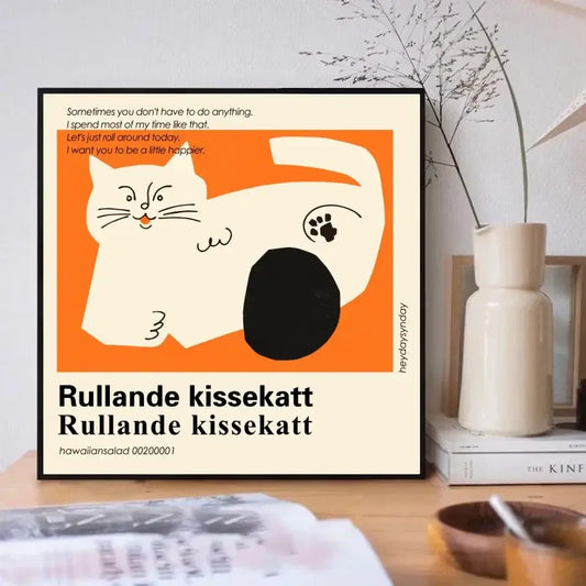 Cartoon cat art print "Rullande kissekatt" with relaxed kitty illustration in orange and black, perfect gift for cat lovers.