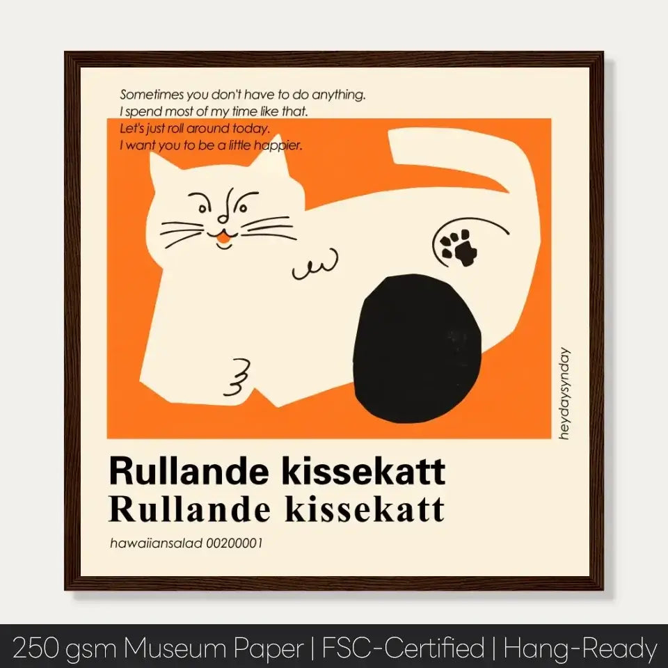 Cartoon cat art print "Rullande kissekatt" with playful illustration of a relaxed cat. Ideal gift for cat lovers. Frame not included.